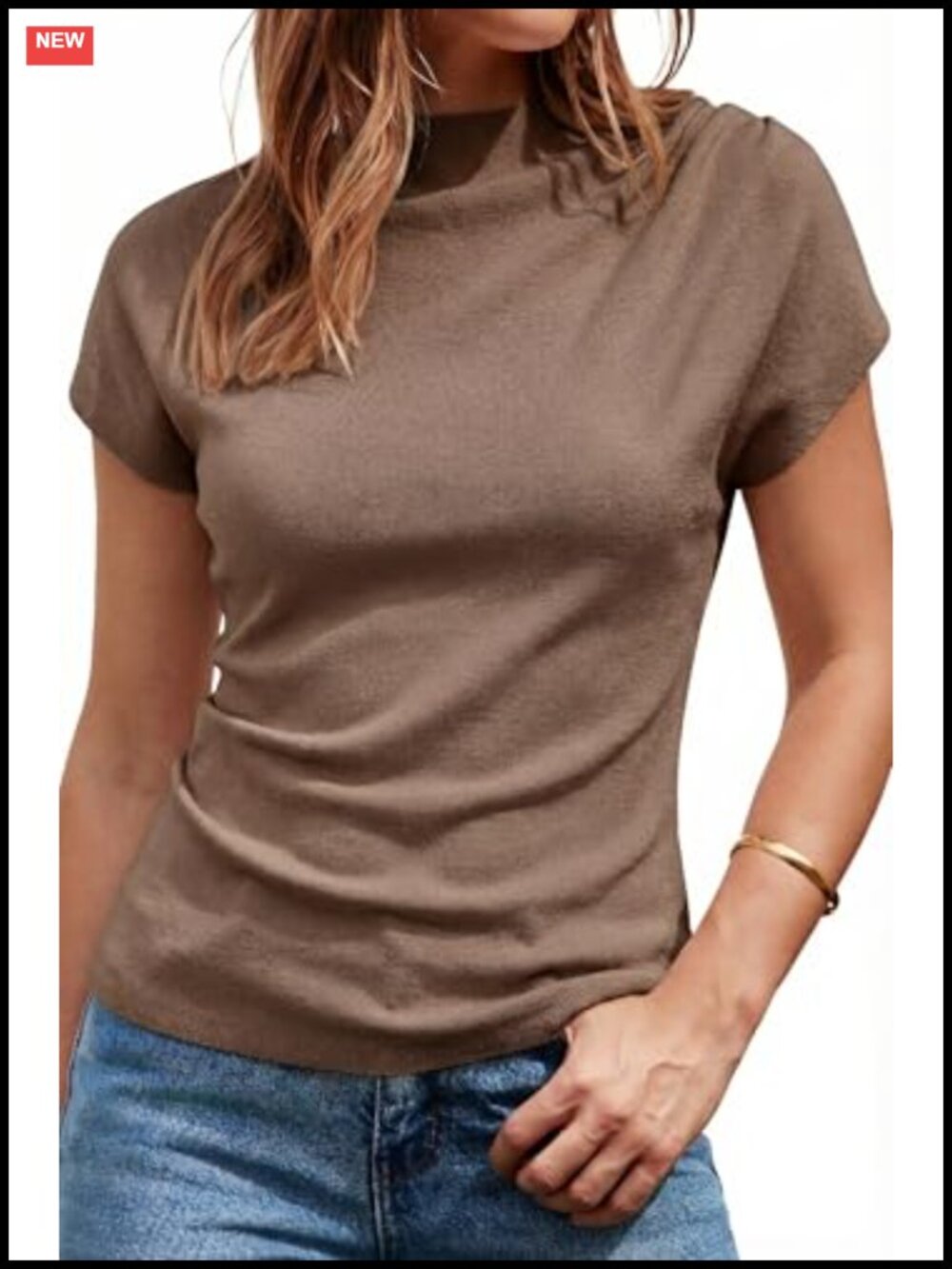 Wool Blend Ruched Mock Neck Cap Sleeve Slim Fit Blouse Top